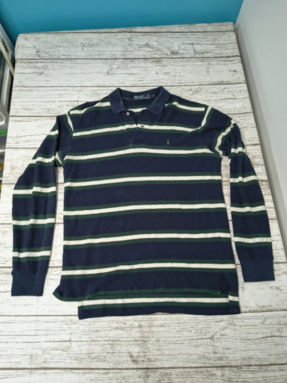Polo Ralph Lauren Blue And Green Striped Long Sleeve Vintage Polo